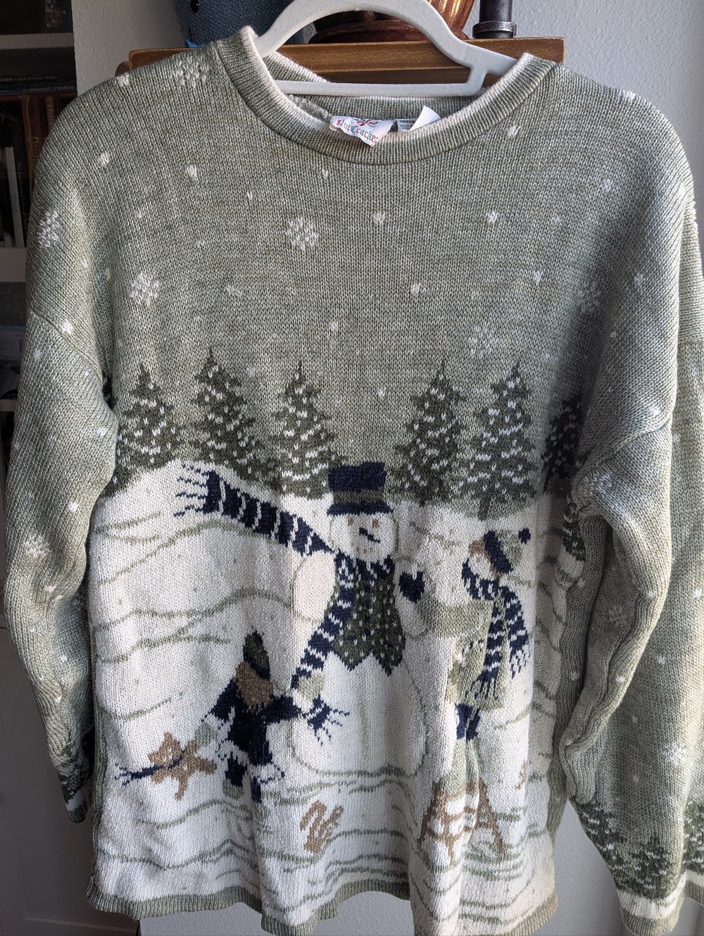 Vintage 90s Nutcracker Snowman Scenic Christmas Sweater - Sage Green - Medium